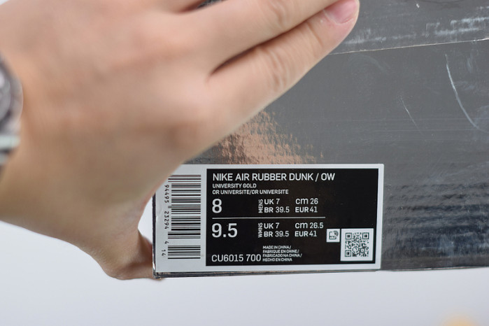 ofw nike air rubber dunk “university gold” cu6015-700