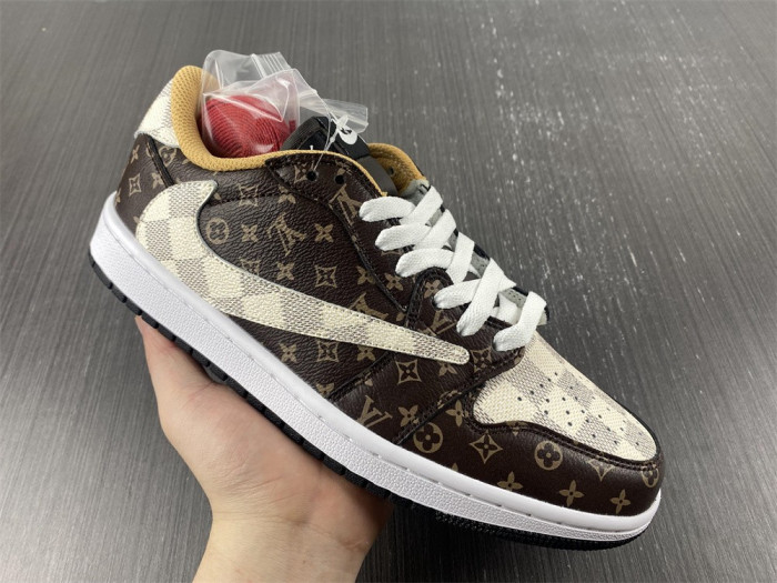 travis scott x nike air jordan 1 low og l0vt monogram brown damier azur dm7866-216